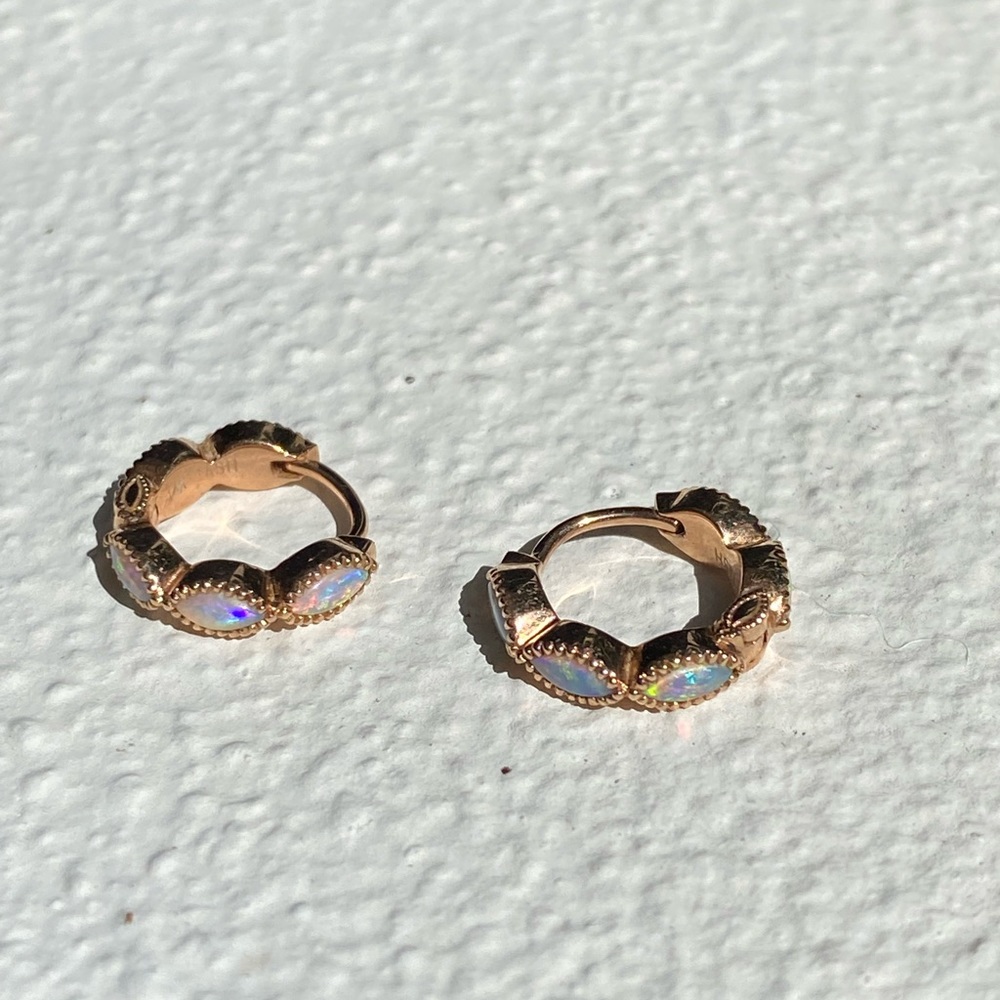 Maria Tash Opal Marquise Scalloped Eternity Hoop 14K Rose Gold Earrings.